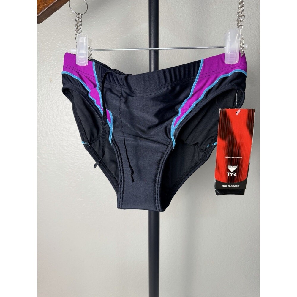 TYR Women's Swim Bikini Bottom Spliced Black Purple Blue Trim Size S Small NWT